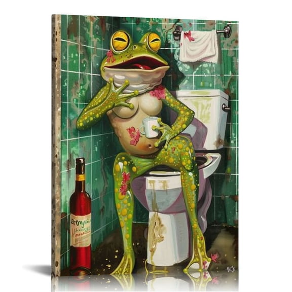 Acheng  - Funny Bathroom Wall Art Abstract Frog Smoking and Drinking on Toilet Painting Canvas Print Cool Animal Artwork Modern Bar Pub Bedroom Decor Stretched and Framed Ready to Hang 12x16 in