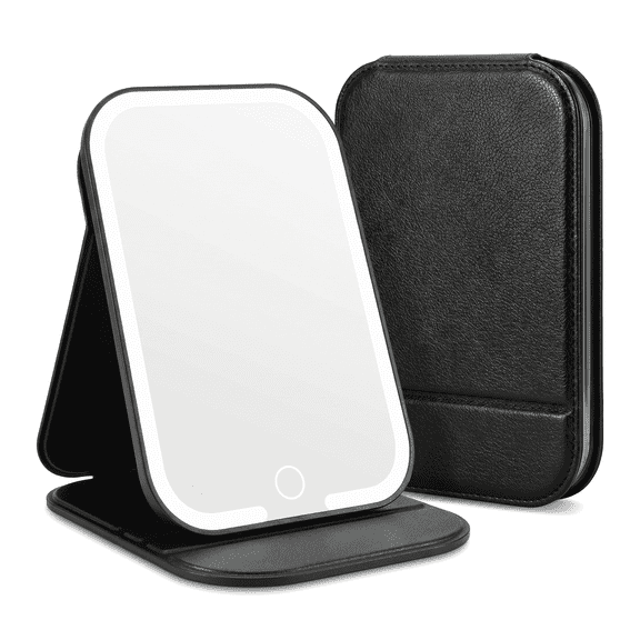 Rechargeable LED Travel Makeup Mirror, Portable Vanity Mirror with 3 Color Lighting Modes, Touch Dimmable, Black
