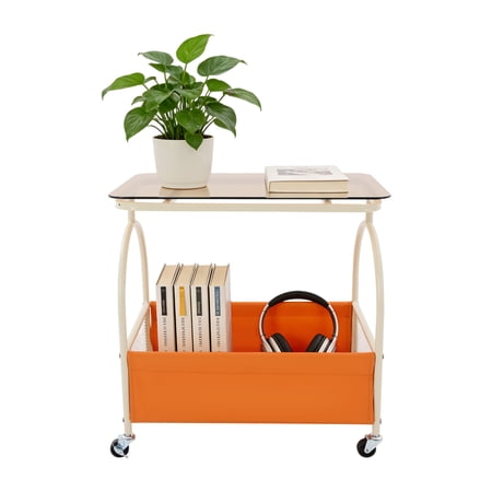 WenDissy 2-Tier Mobile Side Table with Wheels & Storage Basket, Side End Table with Glass Top for Living Room Bedroom