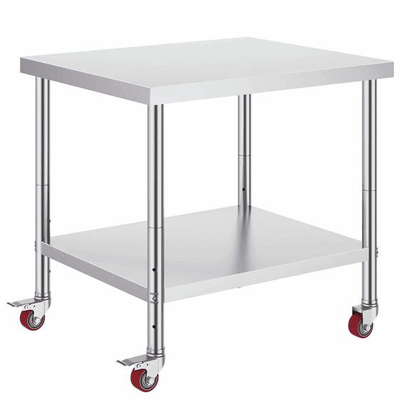 Stainless Steel Work Table 36x30x34 Inch - 3-Stage Adjustable Shelf Heavy Duty Kitchen Prep Table with Wheels & Brakes - Commercial Food Prep Table