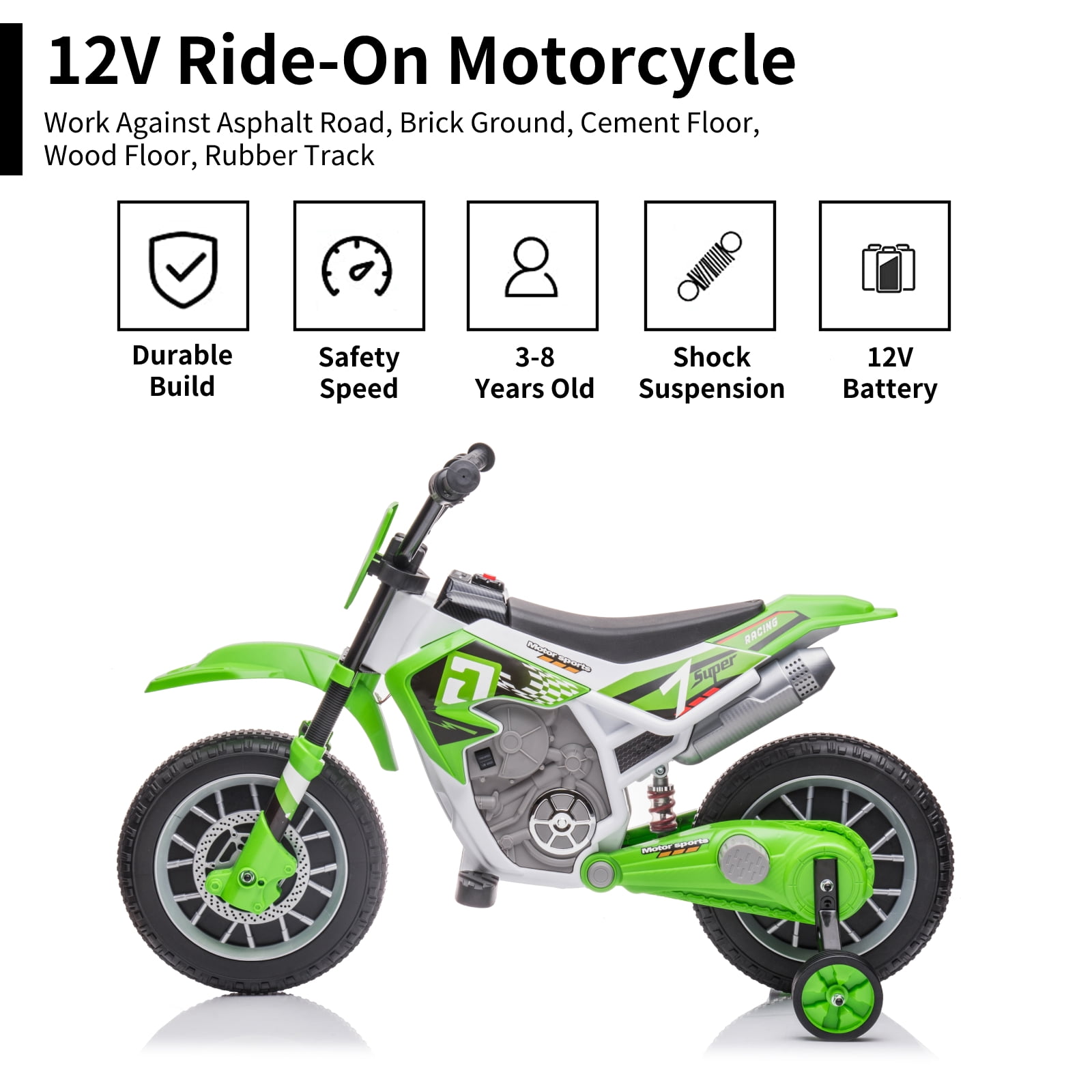 LUIBAS 12V Kids Ride On Electric Motorcycle, Battery Powered Electric Dirt Bike, Off-Road Street Bike Ride on Car with Training Wheels, Spring Suspension, High/Low Speeds, Built-in Music, Green