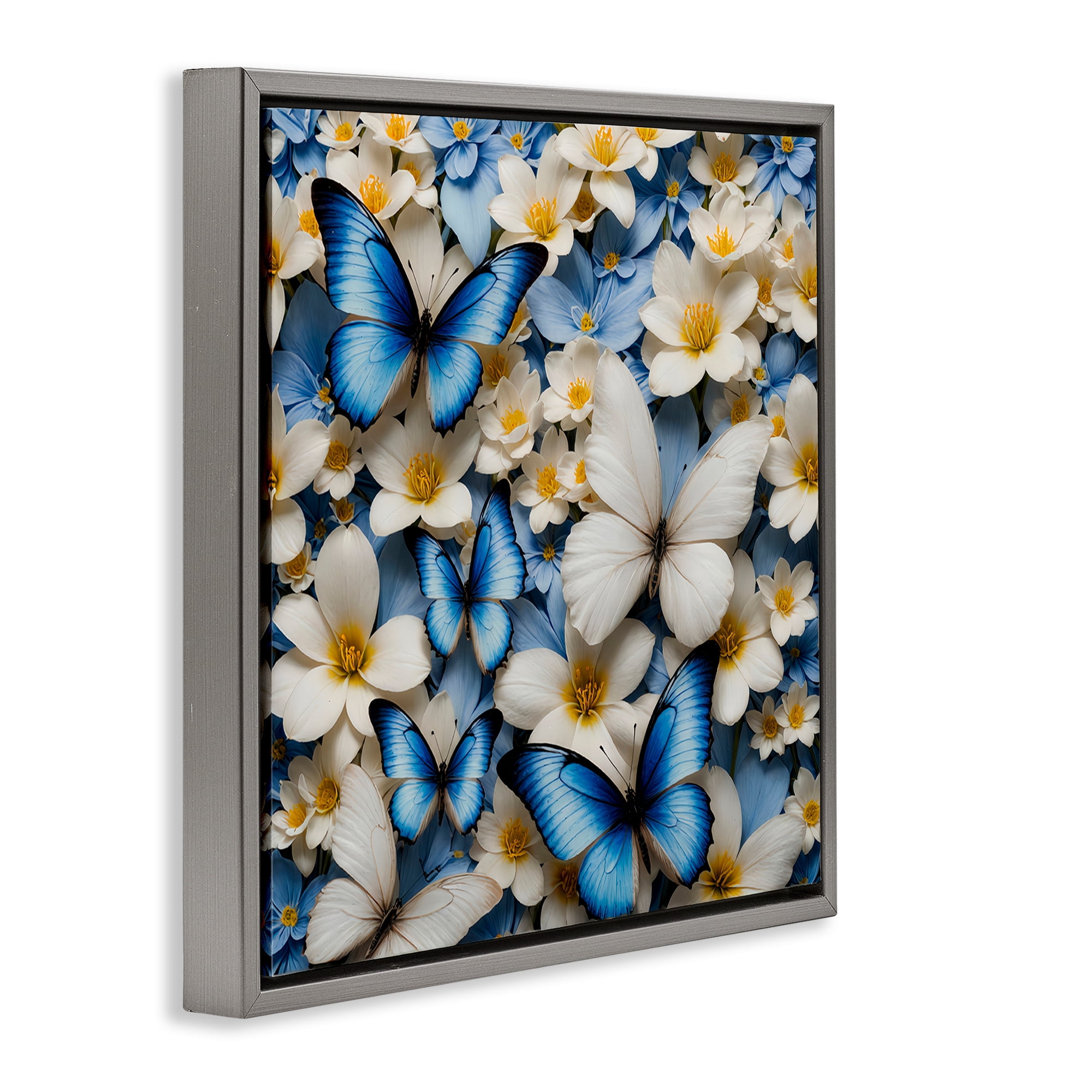Stupell Industries Blue & White Floral Butterflies Plants & Flowers Painting Gray Floater Framed Canvas Art Print Wall Art, 18 x 18
