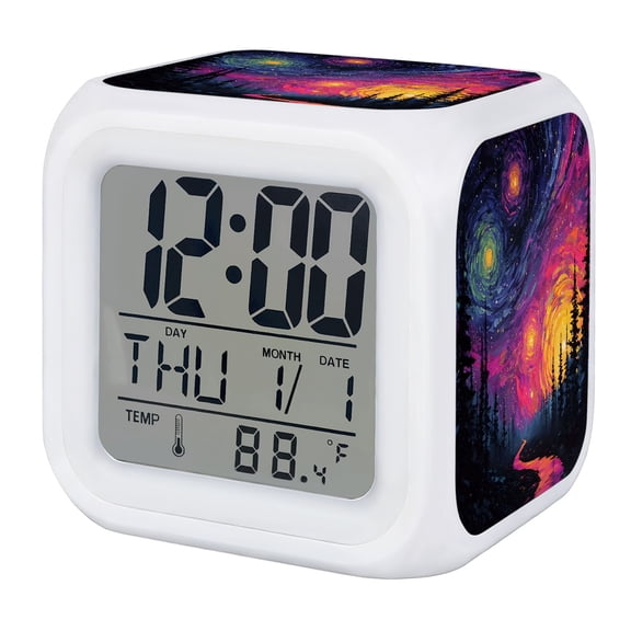 Starry Moon Digital Alarm Clock for Bedrooms, Smart LED Alarm Clock with 7 Color Changing Night Light, Forest Modern Abstract Art Silent Wake Up Clocks for Sleep Study Cooking 3.2"x3.2"