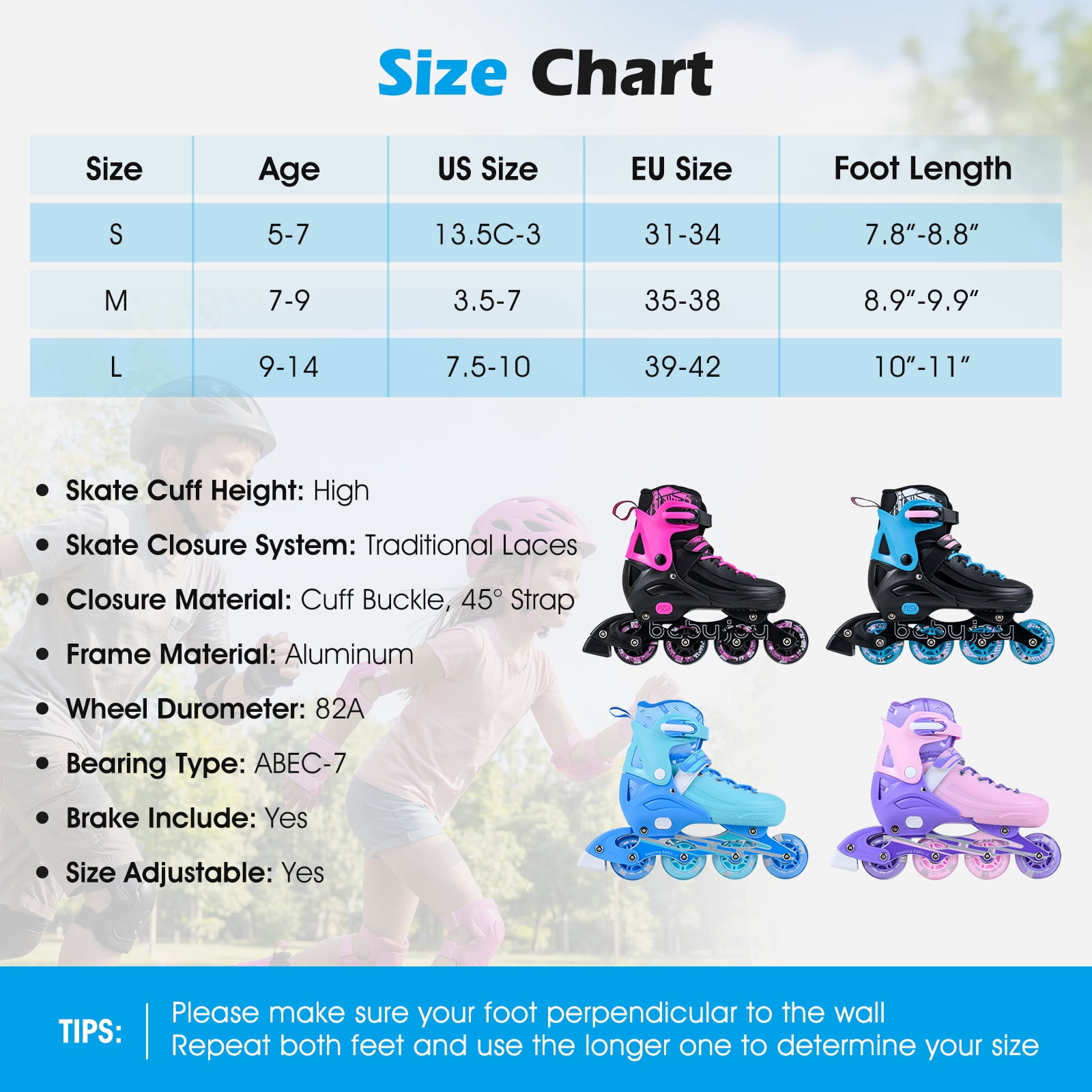 Babyjoy Kids Inline Skates, Adjustable Light-Up Roller Skates with Illuminating Wheels Blue