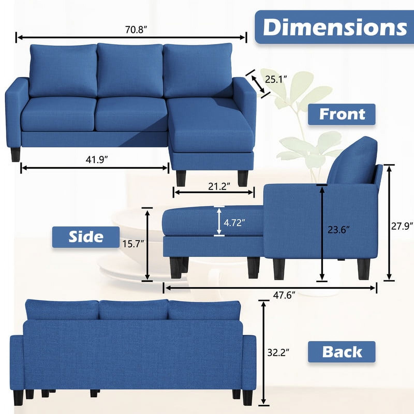 Homall Solid Print 100% Cotton L Shaped Convertible Sectional Sofa, Blue