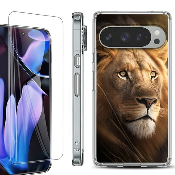 For Google Pixel 9 Pro XL Phone Case Cover, Shockproof Bumper Case with Tempered Glass Screen Protector, by OneToughShield - Lion