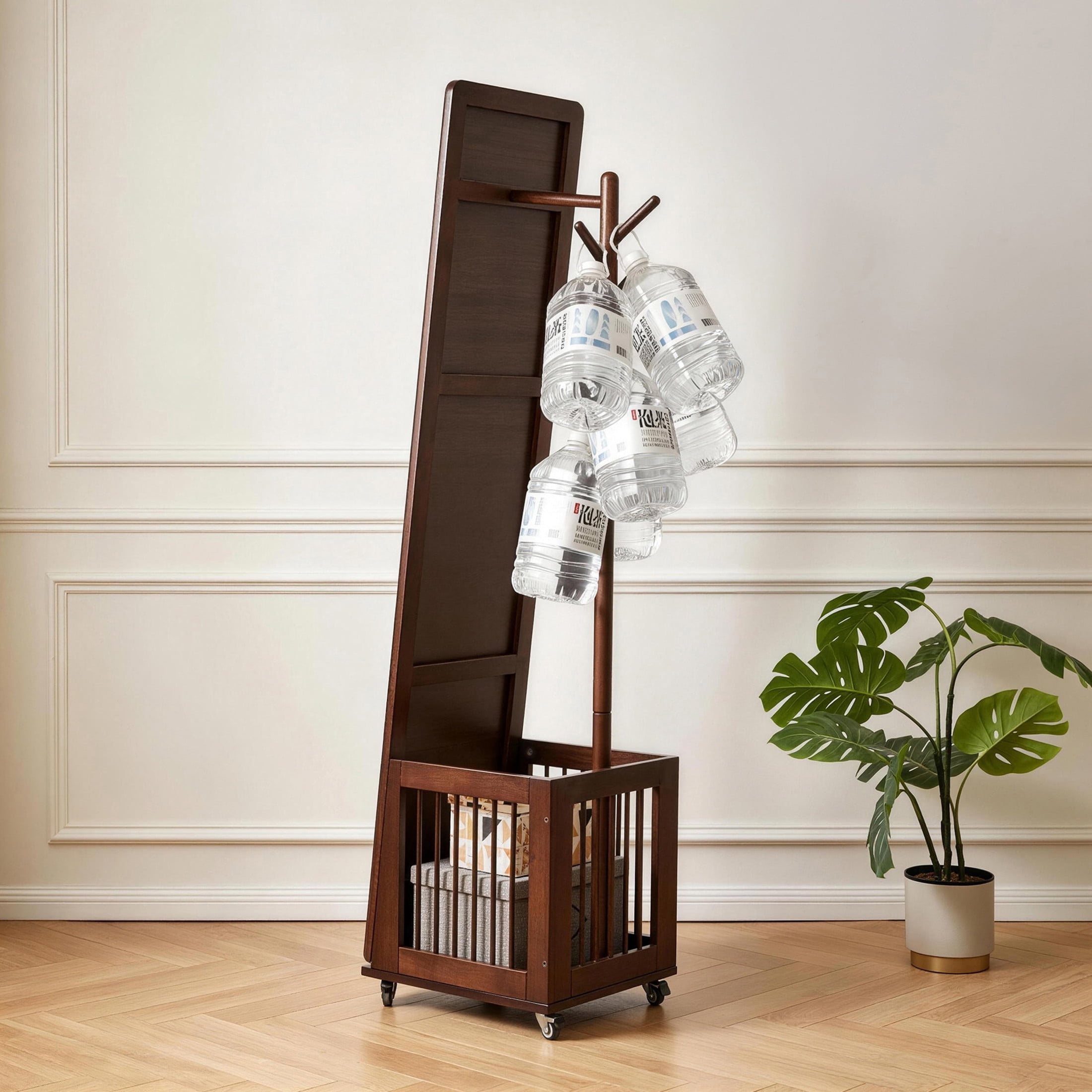 Noble House 68.11" Full Length Mirror, Solid Rubber Wood Rolling Coat Rack with Storage Basket, Walnut