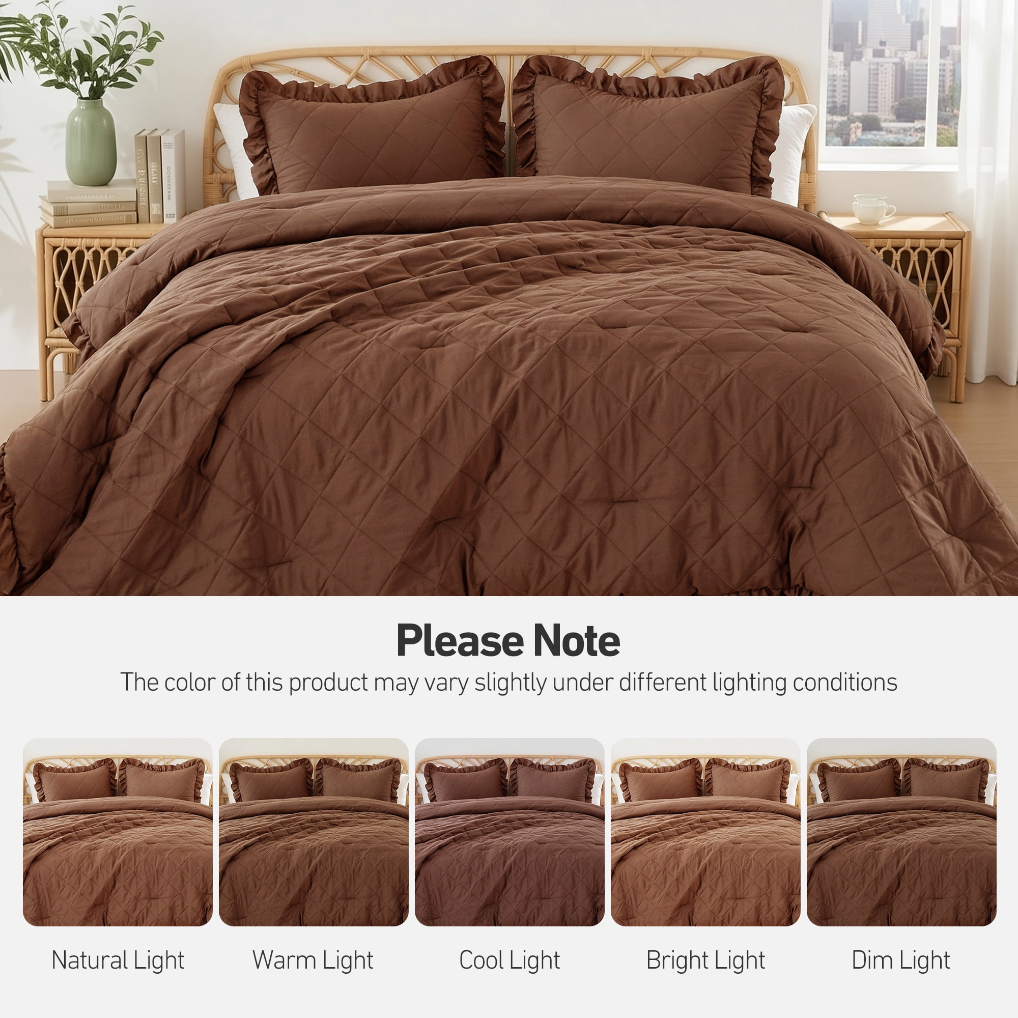 Regency Heights Full/Queen Comforter Set Brown, 3 Pieces Quilted Ruffle Comforters Full/Queen Size, Solid Bedding Comforters Sets, Gift for Women