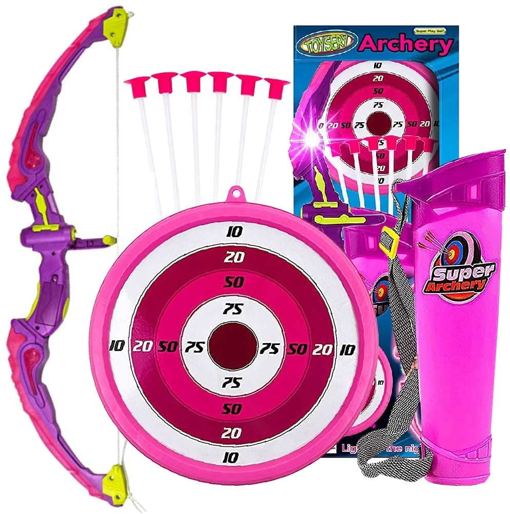 Toysery Dark Pink Bow and Archery for Kids with LED Flash Lights - Bow and  arrow for kids with Suction Cups Arrows, Target, and Quiver - pink bow and  arrow for girls -