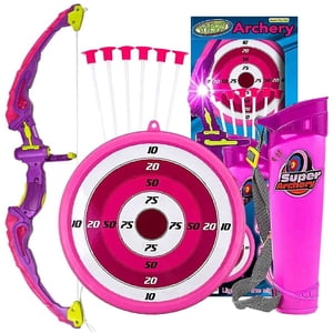 Toysery Dark Pink Bow and Archery for Kids with LED Flash Lights - Bow and arrow for kids with Suction Cups Arrows Target and Quiver - pink bow and arrow for girls