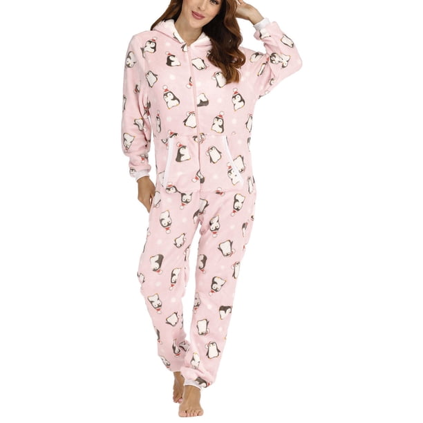 Pijama de una pieza con capucha y cremallera para mujer, de forro polar cálido y suave, con capucha y pies, para invierno.
