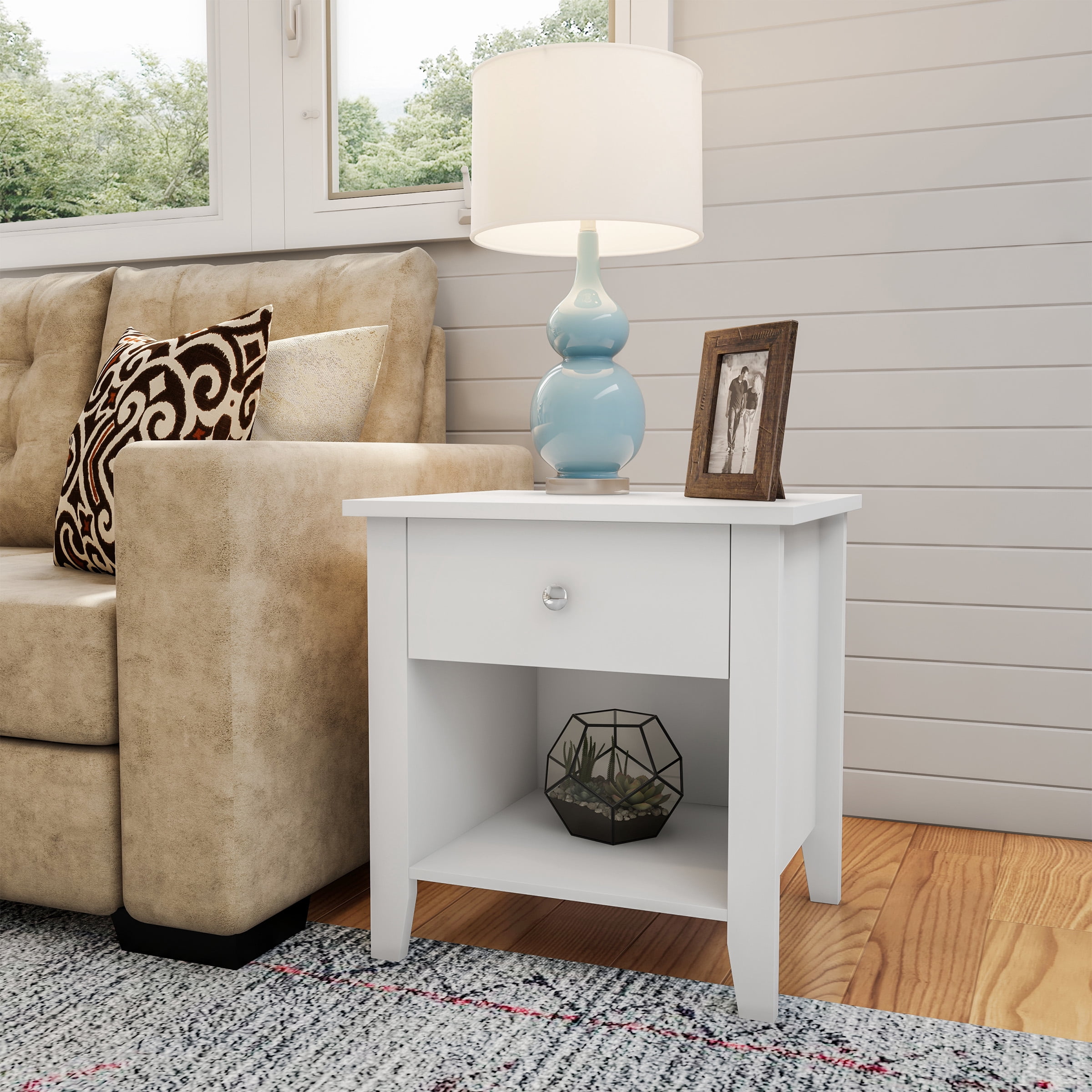 Lavish Home End Tables with Drawer and Storage Shelf, White, Set of 2