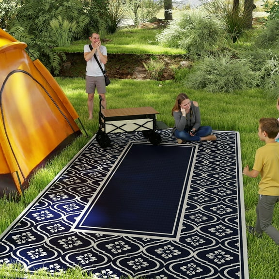 Outsunny Outdoor Patio Rug, Large Camping Carpet with Carrying Bag, 9' x 18' Waterproof Plastic Straw, Reversible, Blue & White Gourd Border