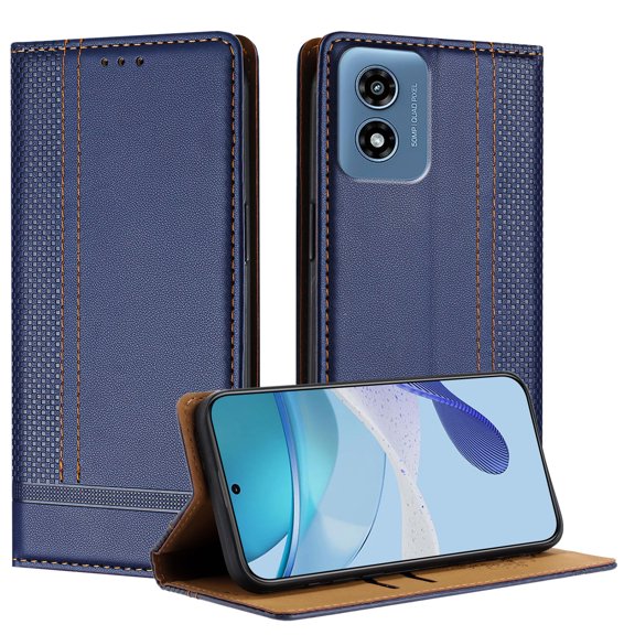ELEHOLD Case for Moto G Play 4G (2024), Shockproof Faux Leather Wallet Phone Case Built-in Stand & Card Slots,Blue