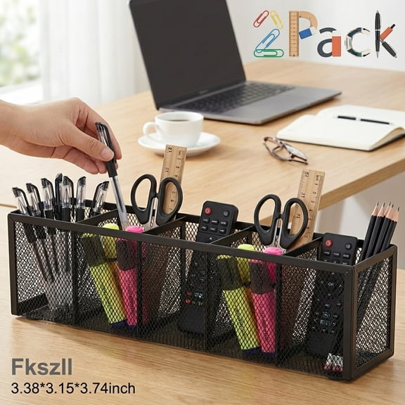 2 Pcs Mesh Pen Pencil Holder with 5 Compartments, Metal Desk Organizer Desktop Office Supplies Acessories Storage Stand Brush Holder for Home Classroom