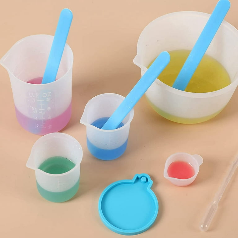 OFZVEO 4 Pcs Silicone Resin Measuring Cups 600ml & 250ml & 2*100 ml  Silicone Measuring Cup for Epoxy Resin with 1 Pcs Silicone Stir Stick for  Resin