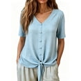 thumbnail image 5 of Craaazy Womens Summer Tops Short Sleeve Solid Color V Neck Button Front Tie Knot Cotton Linen Blouses for Casual Wear, 5 of 7