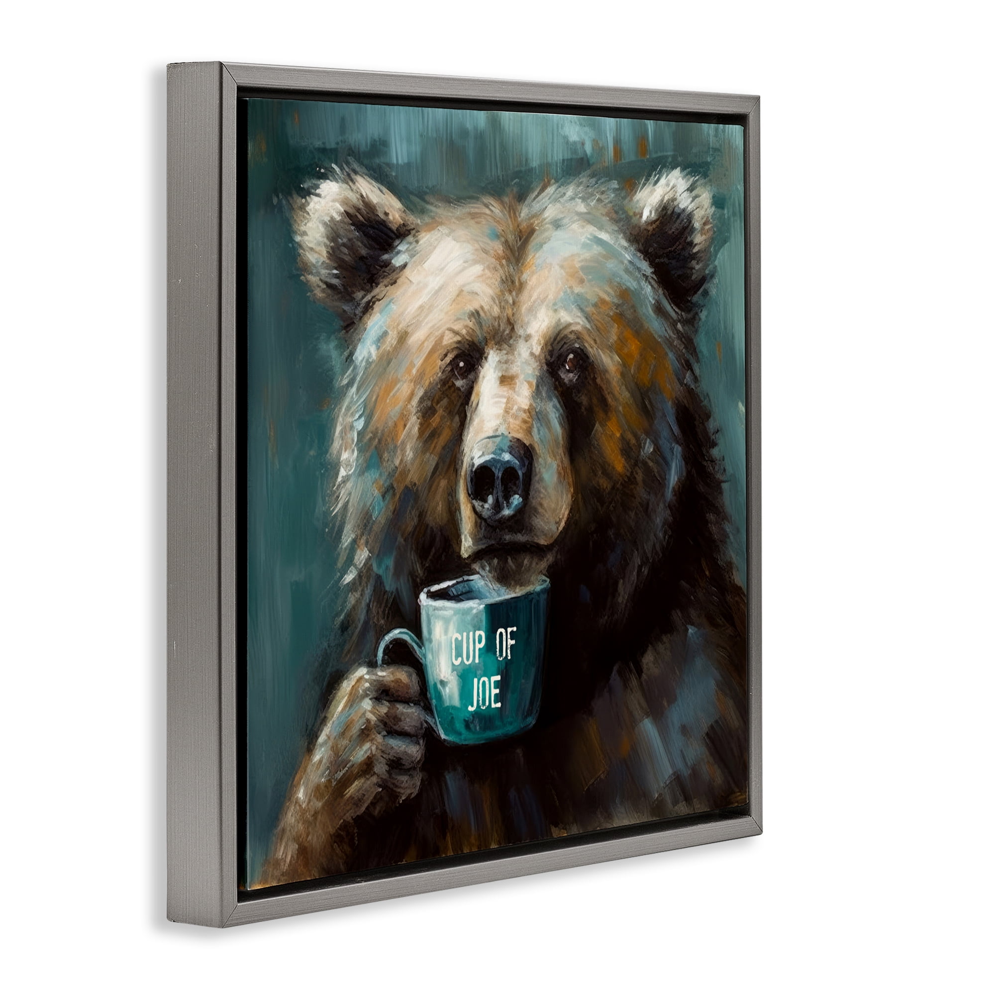 Stupell Industries Bear with Cup Of Joe Gray Framed Floater Canvas Wall Art, design by Tina LeCour