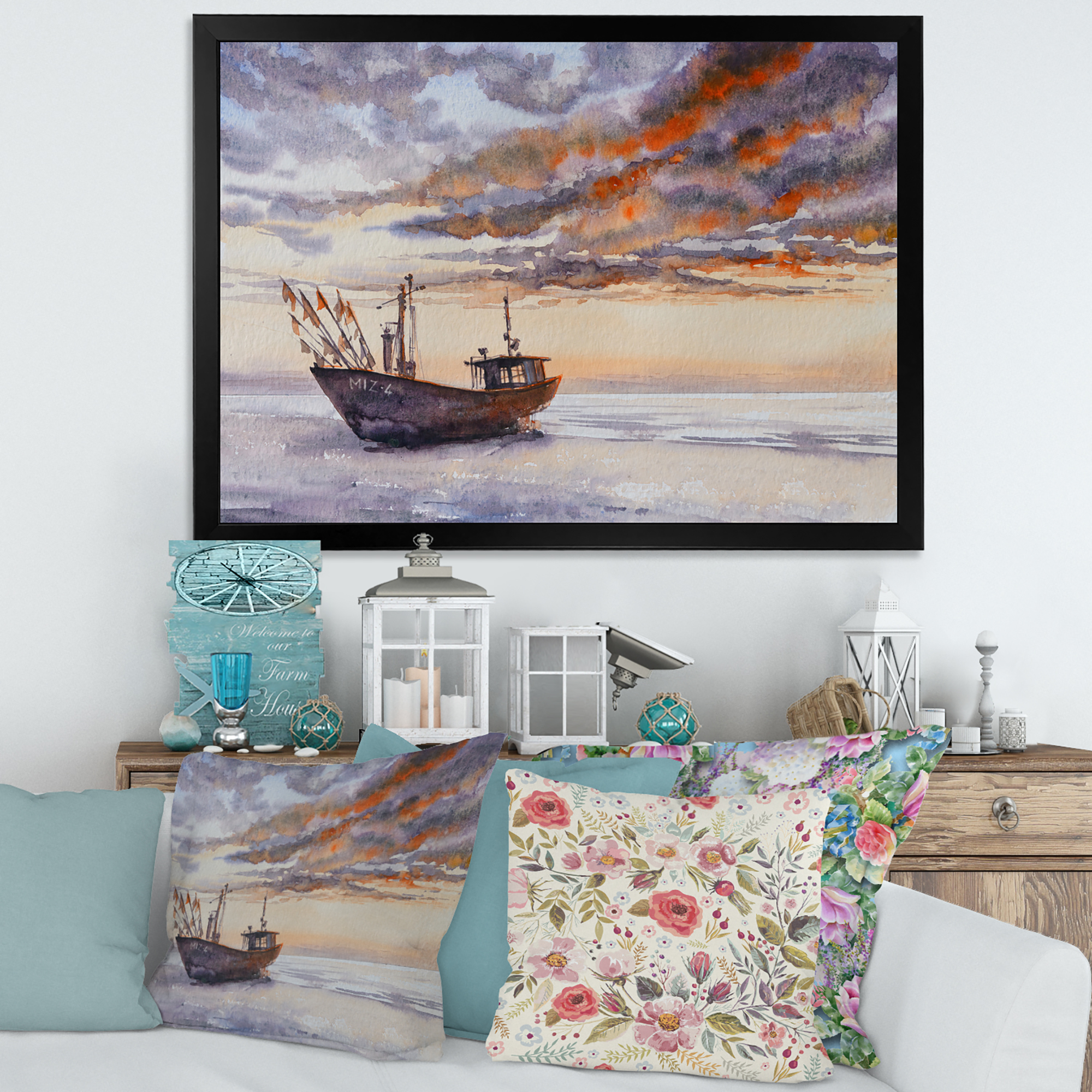 Designart 'Wooden Fishing Boat On The Baltic Shore With Evening Clouds' Nautical & Coastal Framed Art Print