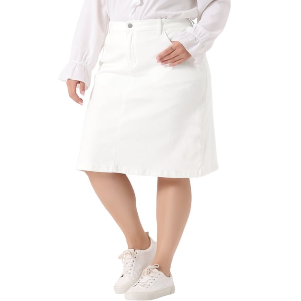 Falda de mezclilla para mujer de talla grande Agnes Orinda con bolsillos laterales, cintura elástica y ventilación trasera, faldas de mezclilla 2X blanca
