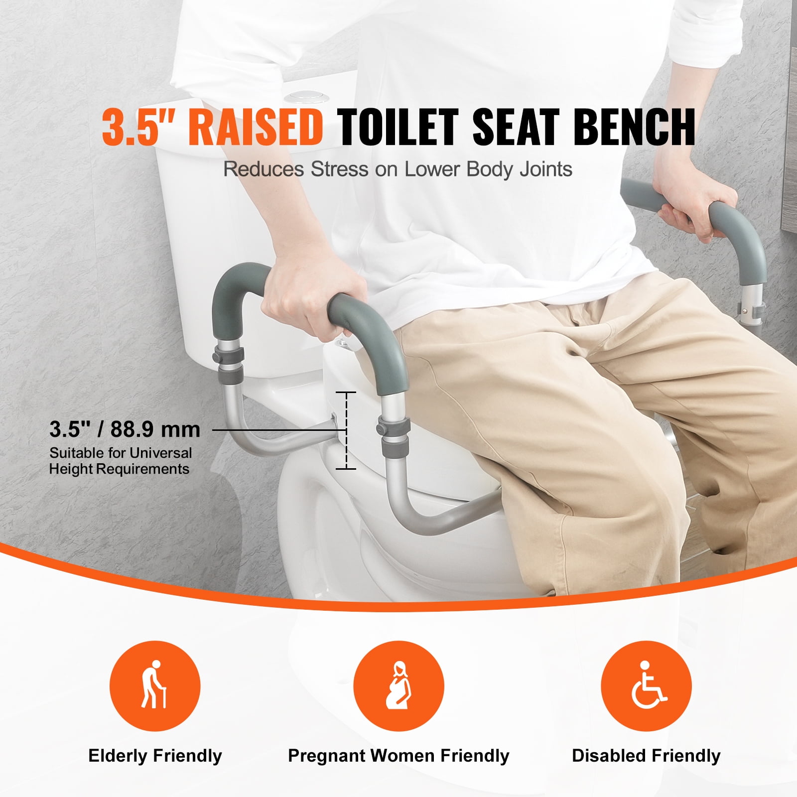 KFFKFF Elevated Toilet Seat, 3.5" Increase in Height, Supports up to 300 lbs, Suitable for Regular Round Toilets, Aluminum Support Rail, Comes with EVA Padded Armrest, Ideal for Seniors