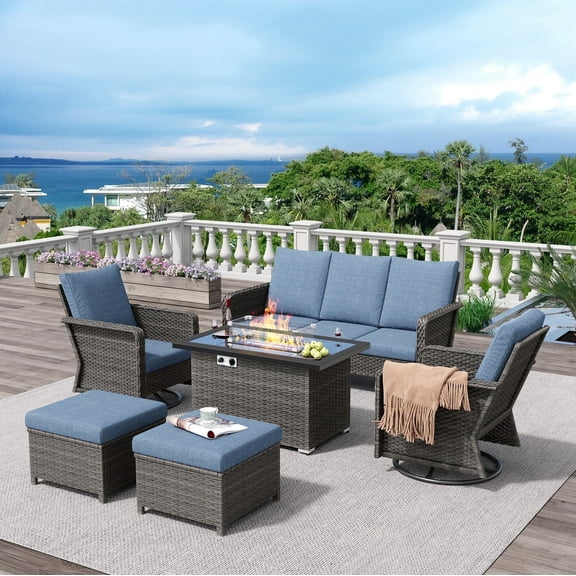 Brafab 7 Seat Outdoor Patio Furniture Set with with22.8 High Back Swivel Chair and 44" Gas Fire Pit Table, PE Wicker Patio Conversation Sets Outdoor Sectional Chair Sofa Set for Yard Garden Porch