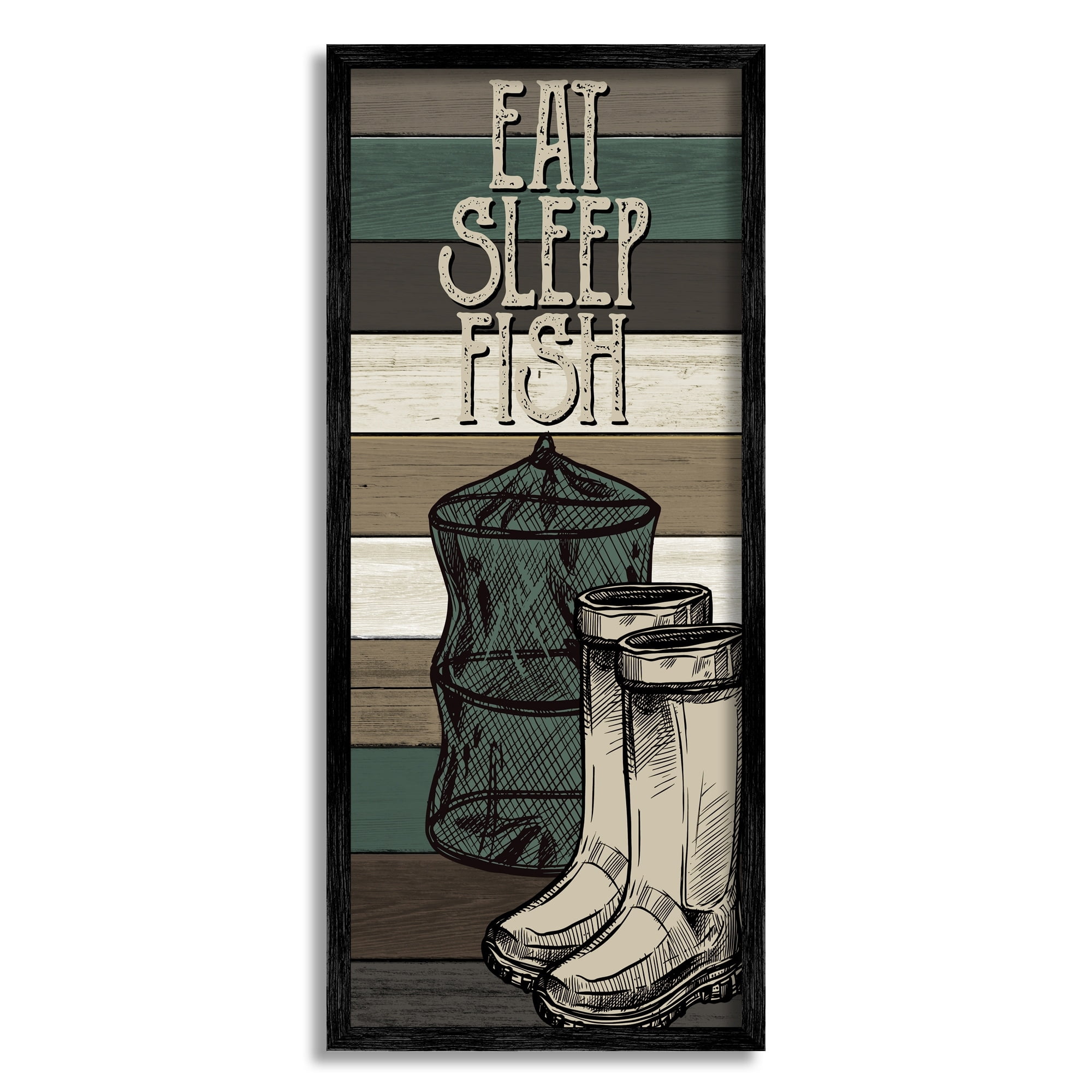Stupell Industries Eat Sleep Fish Phrase Fishing Boots and Net Inspirational Painting Gray Framed Art Print Wall Art, 10 x 24