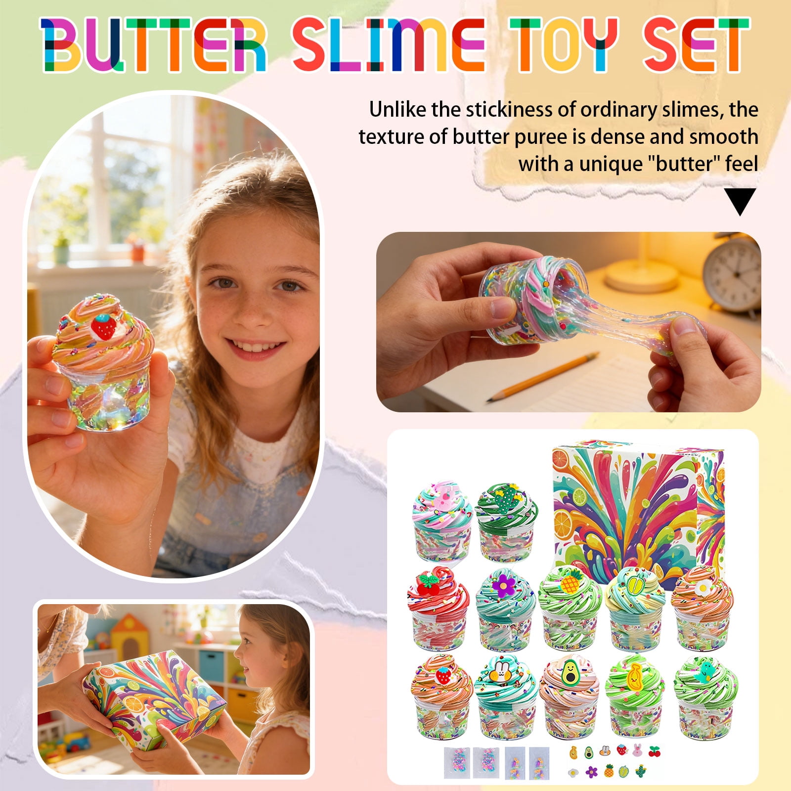 Easter 12-Color Butter Slime Set with Cute Cupcake Designs - Dense Smooth Texture with Unique Butter Feel, Includes Decorative Charms - for Kids, Easter Basket Stuffers, Party Favors, Sensory Play