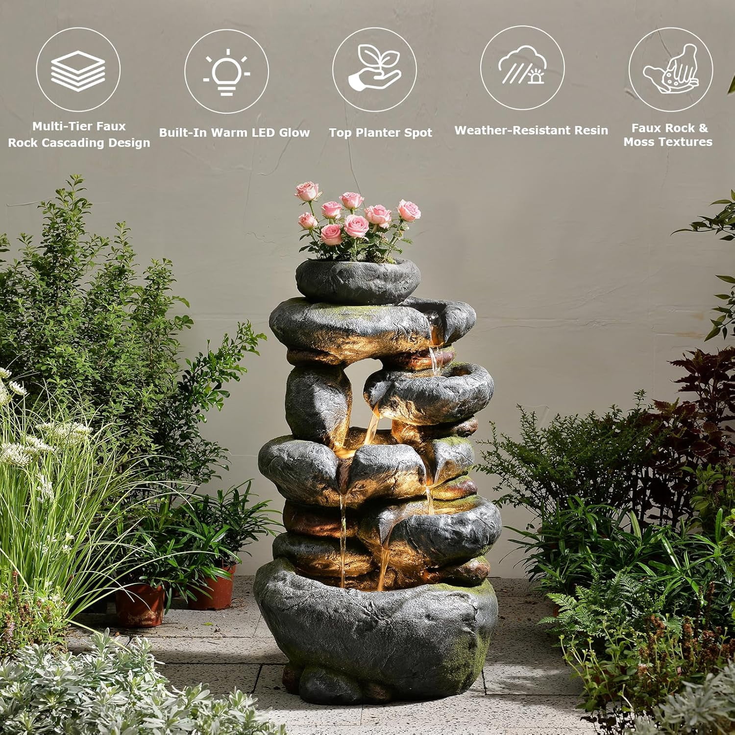 5-Tier Cascading Rock Water Fountain Outdoor, 29.5''Tall Outside Fountains and Waterfalls with Lights for Garden, Patio, Yard, Deck Home Decor with Natural Stone Look
