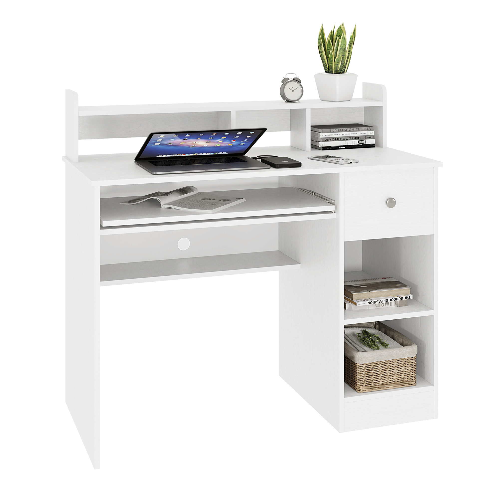 VredHom Writing Computer Desk with Keyboard Tray & Drawer in White
