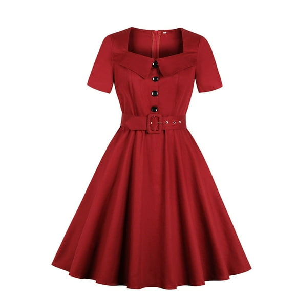Bigersell Mother Of the Bride Dresses for Wedding Women's Short Sleeve Square Neck Retro Solid Color High Waist Belt Button Dress Valentines Dress Women A-Line Dresses, Style 25380, Wine S