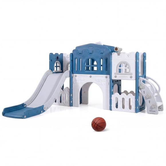 Costway All in 1 Toddle Slide Playset Freestanding Kids Slide with Tunnel, Basketball Hoop Blue and White