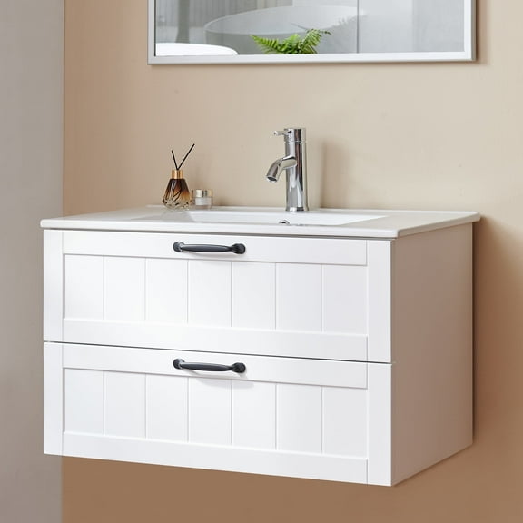 CENSI 31.5 Inch Freestanding Bathroom Vanity Cabinet with Ceramic Undermount Sink, 2 Doors, Open Shelf, Semi-Gloss White
