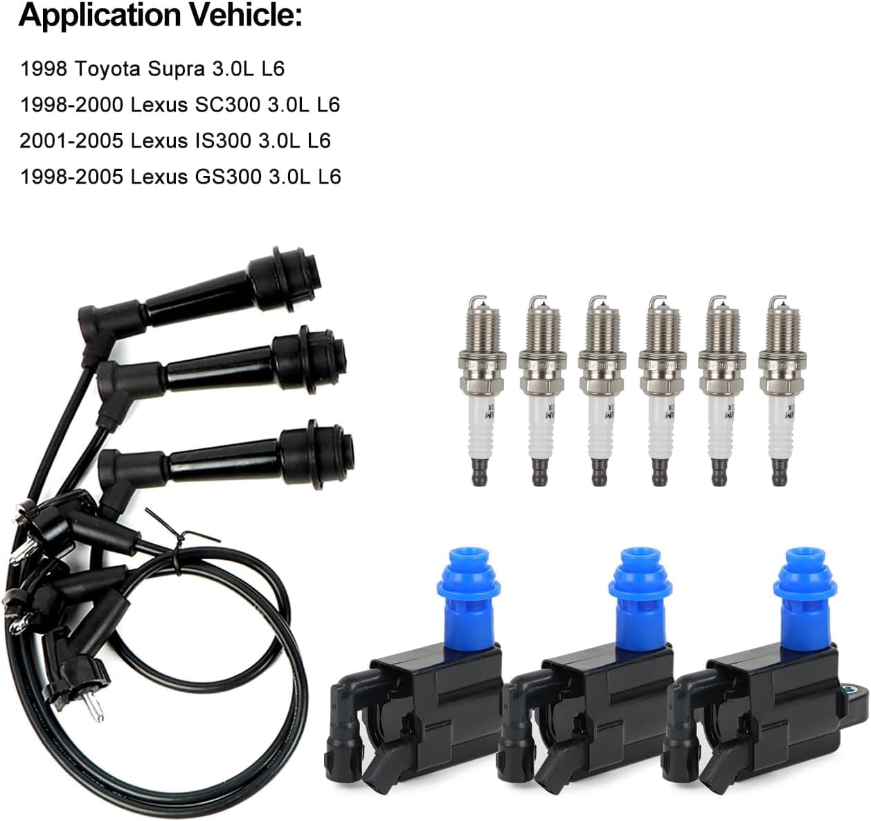 POLARPRA 3PCS UF228 Ignition Coils Pack & 6PCS 7092 Iridium Spark Plugs & 3PCS Spark Plug Wires Set Compatible with Lexus GS300 IS300 2001-2005 & for Toyota Supra 1998 L6 3.0L Replace#9091902216