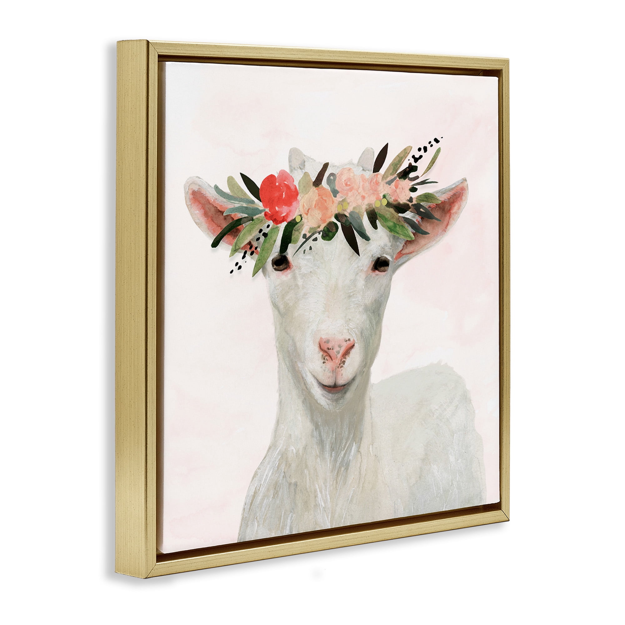 Stupell Industries Springtime Flower Crown Baby Goat Animals & Insects Painting Gold Floater Framed Canvas Art Print Wall Art, 18 x 18