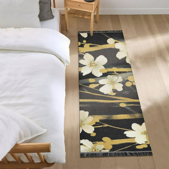 Beige Floral Pattern on Black Bedroom Runner Rug 2'x 6' Non Slip Carpet Indoor Home Area Rug Living Room
