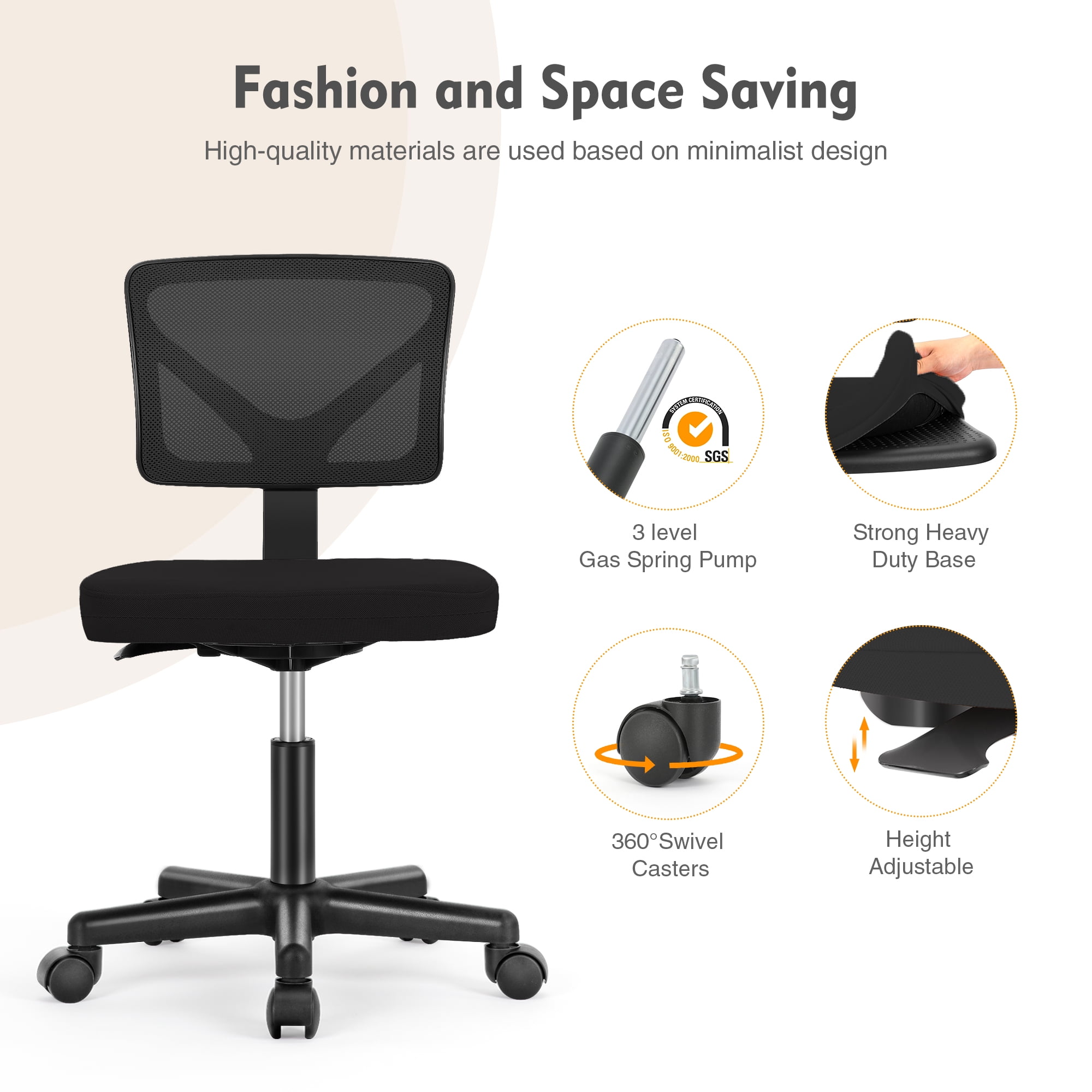 JOINSUN Armless Desk Mesh Office Chair, Adjustable Height Ergonomic Low Back Vanity Task Desk Chair with Wheels,Black