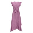 thumbnail image 4 of Lovzfmll Women's Summer Lightweight Floral Dress Wrap V Neck Casual Solid Color Bubble Embroidered Lace Cuffs Comfortable Short Sleeve Belted Ruffle A-Line Flowy Maxi Dresses Purple L, 4 of 6
