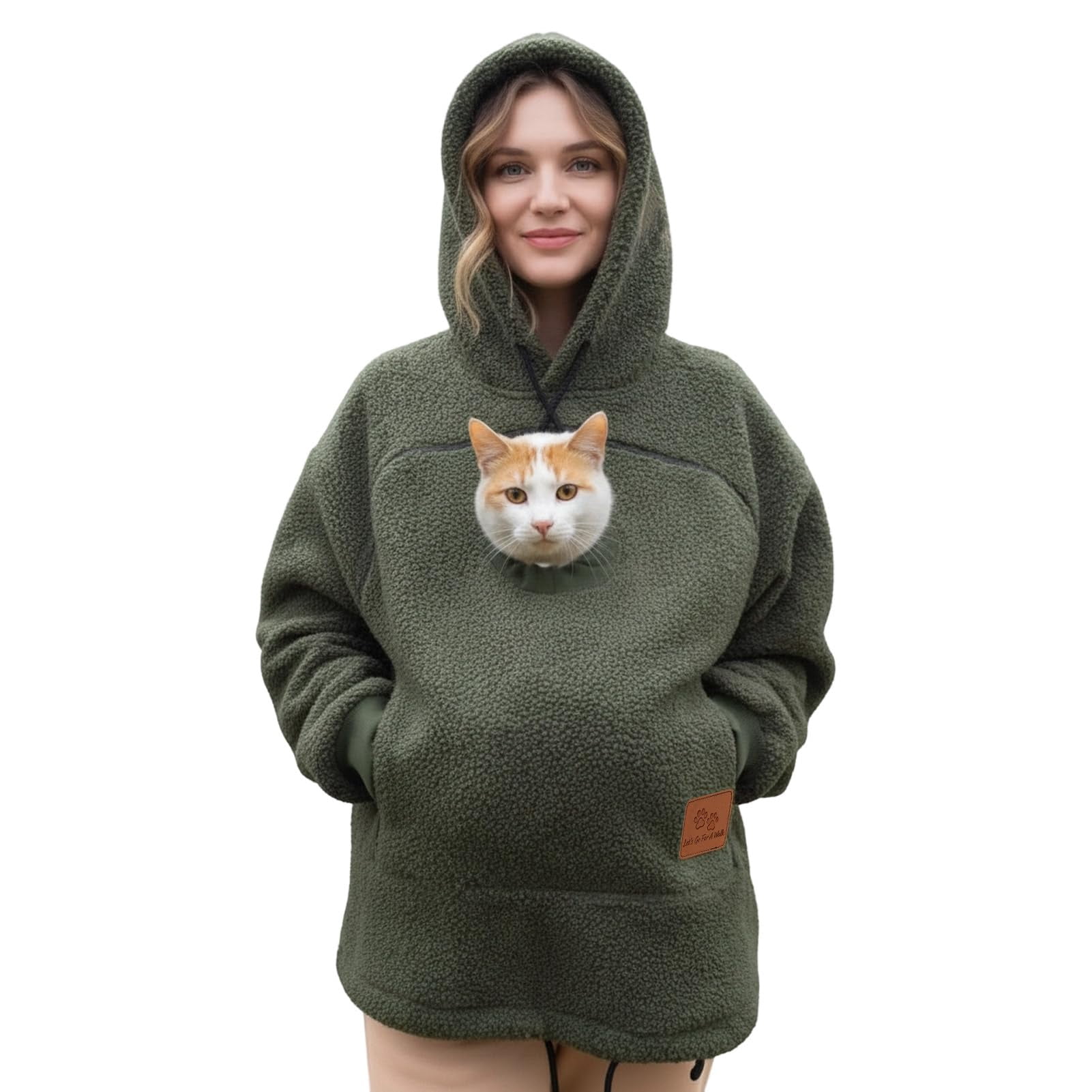 Stralyhd Unisex Hoodies Pet Holder Oversized Sweatshirts with Large Pocket Sharpa Warm Pet Carrier Hoodie Hooded Pet Carrier Pullover Army Green L