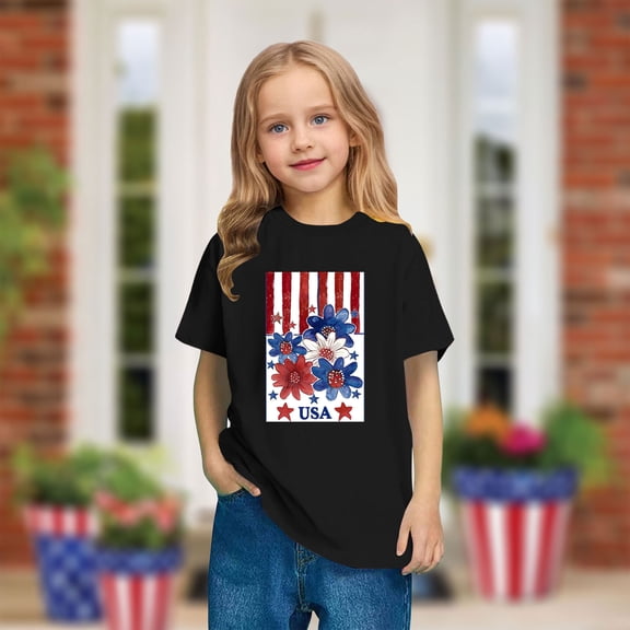 Toddler Independence Day T-Shirt Kids Patriotic Short Sleeve Shirt Boys Girls Summer Casual Round Neck Cotton Top Black 3-4 Years