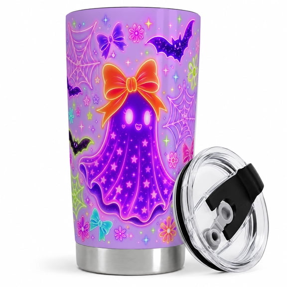 Neon Purple Ghost Tumbler, 20oz Insulated Drinkware for Halloween Fans Stainless steel insulated tumbler with lid, neon ghost and bat artwork for water, iced coffee, tea, or desk
