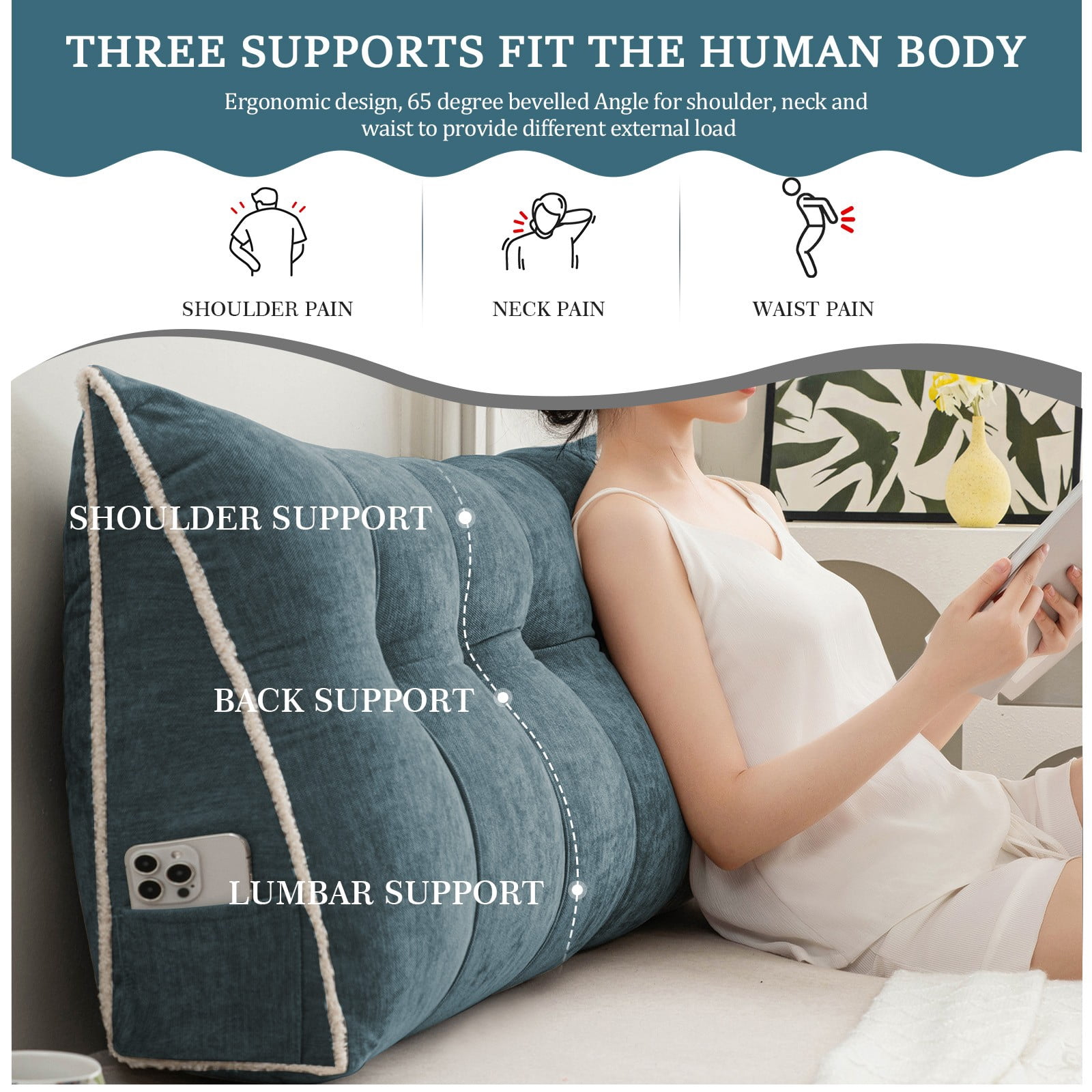 Lovote Triangular Headboard Pillow with Side Pockets, Chenille Fabric, Bed Rest Reading Pillow, Removable & Washable Cover, Contrasting-Color Fabric Piping, Daybed Wedge Pillow for Queen Beds