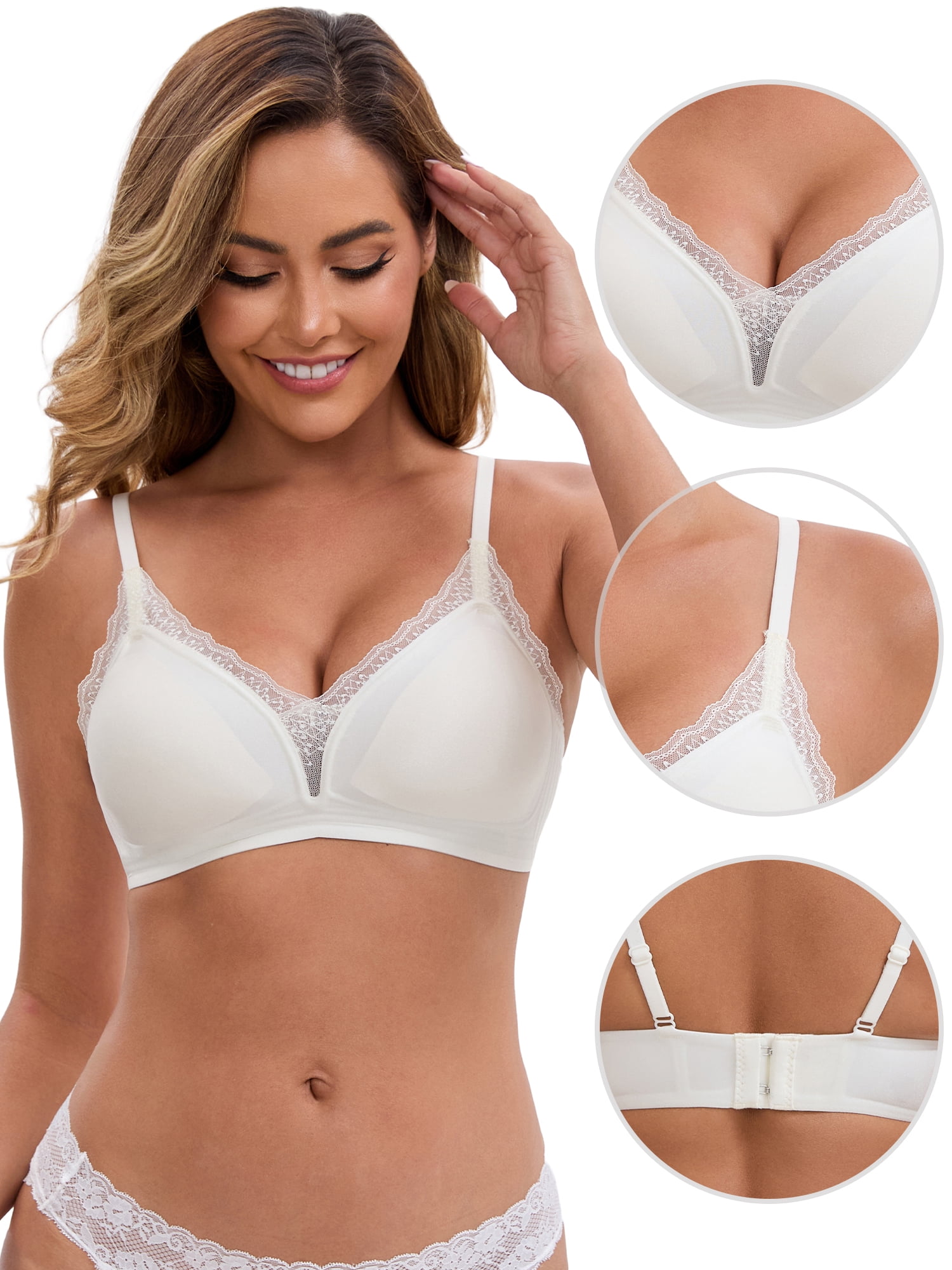 DARING DIVA Lace Trim Plunge Wireless Push Up Bra S White