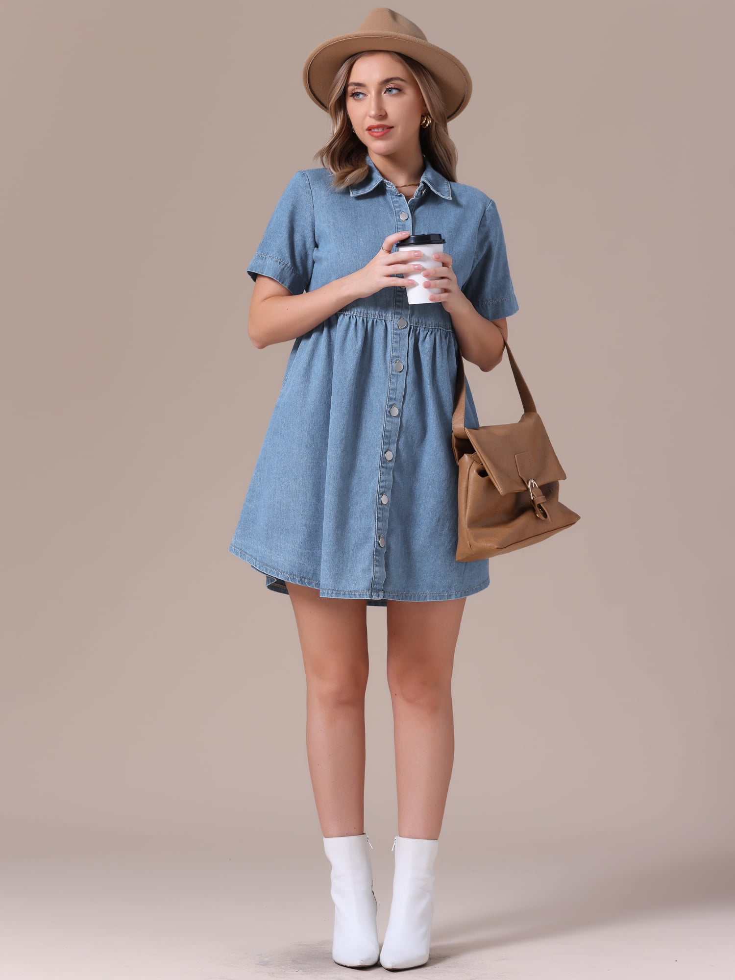 DARING DIVA Women's Denim Babydoll Collared Short Sleeve Button Down Dress XL Light Blue