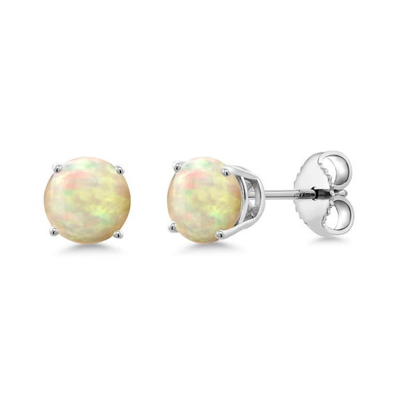 Gem Stone King 925 Sterling Silver White Ethiopian Opal Stud Earrings for Women Men (0.60 Cttw, Round Cabochon 5MM)