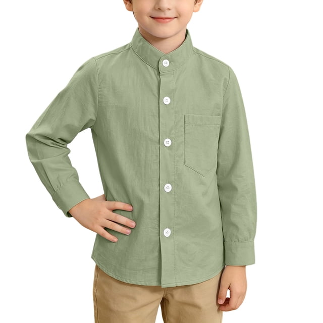 Odeerbi Camisa de Vestido de Niños Manga Larga Mandarin Collar Uniforme de La Escuela Con Bolsillo