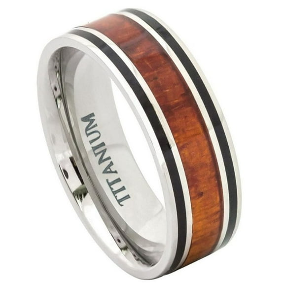 Custom Personalized Engraving Wedding Band Ring Set for Him & Her Titanium Band 9mm Titanium Ring Flat with Hawaiian Koa Rosewood Inlay