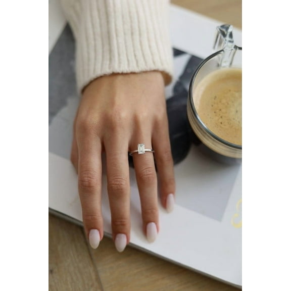 SOLITAIRE JEWELS 1ct Emerald Moissanite Diamond Engagement Ring With Hidden Halo Setting 10K White Gold