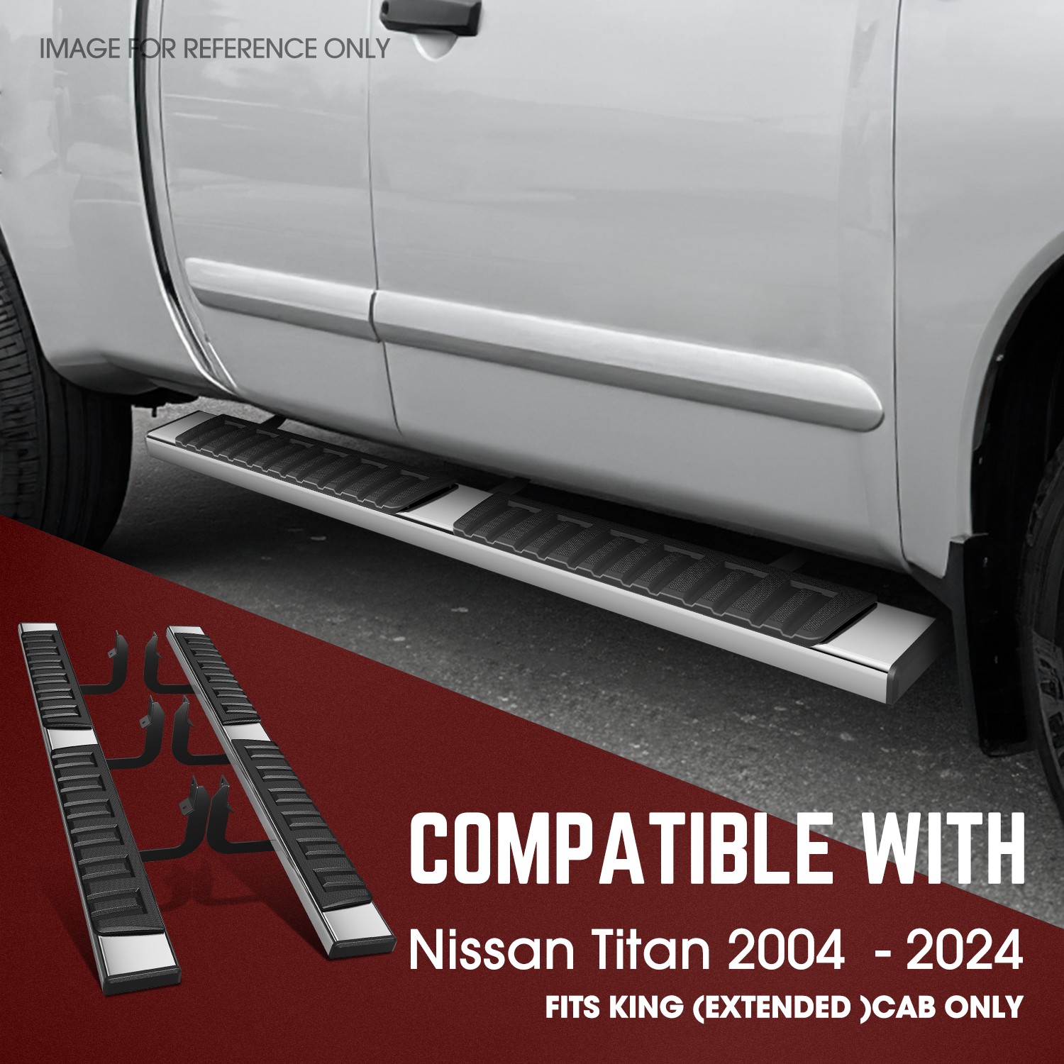 DNA Motoring 6.75 Inch Flat Running Boards Compatible with Nissan Titan King (Extended) Cab 2004-2024, Stainless Steel Side Steps Nerf Rails Bars