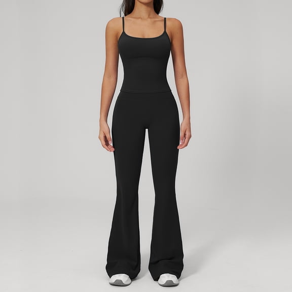 PISONIC Workout Sets for Women, 2 Piece Seamless Spaghetti Straps Crop Top Matching High Waist Flare Leggings Gym Yoga Outfits